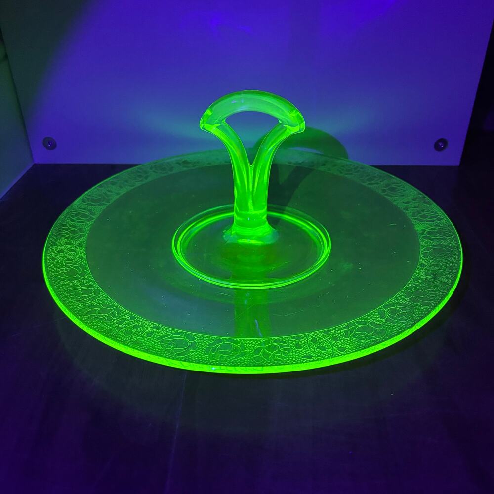 Vintage Uranium Green Glowing Glass Etched Serving Tray with Handle